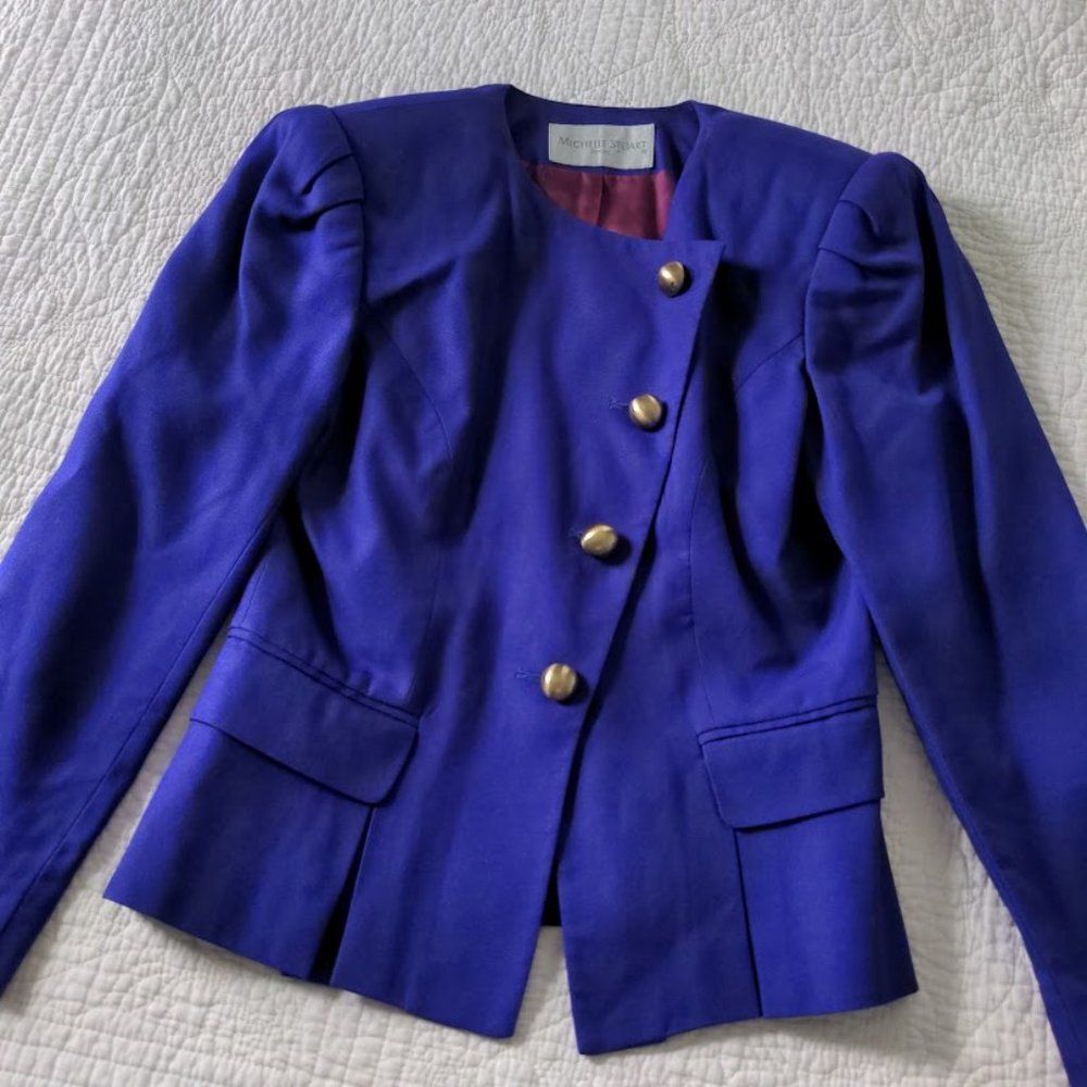 Vintage 80s Michelle Stuart Blazer Purple Gold Button Corpcore Size 8P